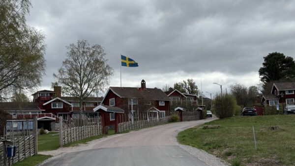 Swedish village with traditional houses and flag